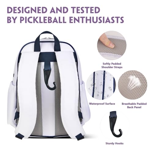 Pickleball Bags, 30L Deluxe Waterproof Pickleball Backpack with Shoe Compartment for Men Women Pickle Ball Gift Accessories for Pickball Lovers (White) - color: White