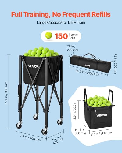 VEVOR Tennis & Pickleball Hopper Holds 200/175/150/120 Balls, 3-in-1 Tennis Foldable Pickleball Basket Cart for Easy Installation, Storage Bag for Tennis Training & Teaching - style: 150 Balls