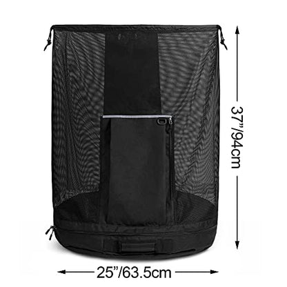 GOBUROS Extra Large Mesh Ball Bag, Basketball and Soccer Ball Bag with Drawstring System and Adjustable Shoulder Strap for Basketball, Soccer, Football, Volleyball, Rugby and Beach Sports, Black