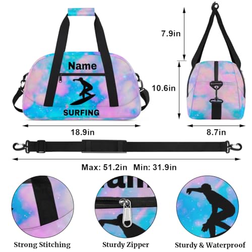 Custom Sport Duffel Bag Surfing Personalized Name Sports Bag Overnight Weekender Bag Waterproof Travel Sport Gym Bags, Blue Pink Glitter - color: Blue Pink, style: Surfing