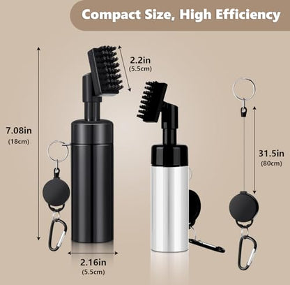 Golf Club Cleaner Brush 2 Pack - 7 Inch Golf Water Brush with 5 Oz Leakproof Bottle, Nylon Bristles & Retractable Hook, Black & White