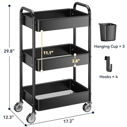 YASONIC 3 Tier Rolling Cart - Metal Utility Cart with Wheels, Hanging Cups, Hooks, Heavy Duty Mesh Rolling Storage Cart Organizer, Craft Cart for Kitchen Office, Lightweight and Sturdy - color: Black