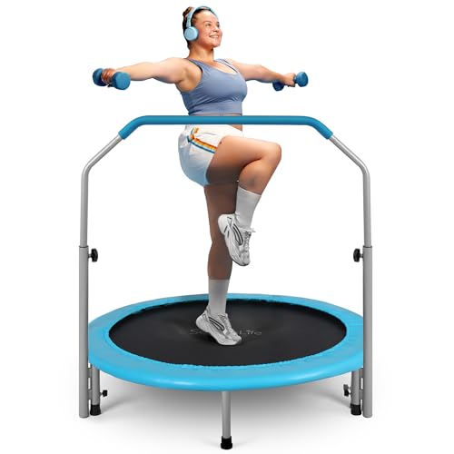 SereneLife 40" Foldable Mini Trampoline for Adults - Compact Fitness Rebounder with Adjustable Foam Handle, Exercise Trampoline with Max Load 330lbs, Indoor/Garden Whole-Body Workout - color: Sky Blue