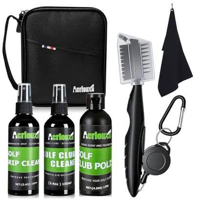 6-in-1 Golf Club Cleaning Kit - Club Cleaner, Grip Cleaner, Polish, Water-Spray Brush,Professional Golf Towel & Portable Bag | Restores Clubs, Removes Rust/Scratches, Renews Tackiness