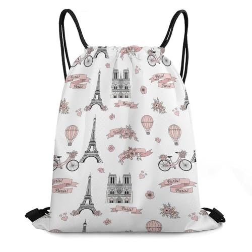 Theft Proof Drawstring Backpack Cinch Sack Water Resistant for Travel Camping Sports Equipment Men Women, Pink Paris Eiffel Tower And Balloon Bags - color: Picture (352)