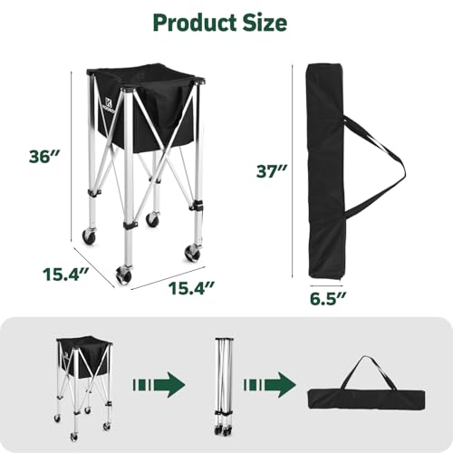 YooKoo Pickleball Basket with Lockable Wheels, Collapsible Pickleball Hopper Holds Up to 100 Balls, Sports Equipment Organizer Suitable for Ball Court, School, Garage