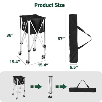 YooKoo Pickleball Basket with Lockable Wheels, Collapsible Pickleball Hopper Holds Up to 100 Balls, Sports Equipment Organizer Suitable for Ball Court, School, Garage