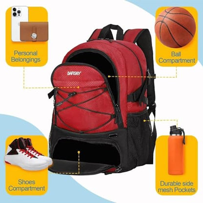 DAFISKY Basketball Backpack, Basketball Bag with Ball Holder Shoes Compartment, Sports Equipment Bag for Soccer Ball, Volleyball - color: Red