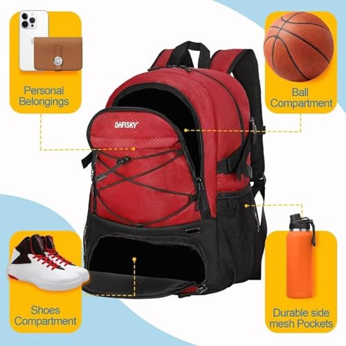 DAFISKY Basketball Backpack, Basketball Bag with Ball Holder Shoes Compartment, Sports Equipment Bag for Soccer Ball, Volleyball - color: Red