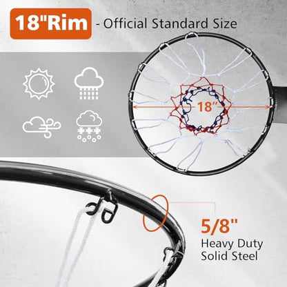 18" Basketball Rim Replacement, Wall Door Mounted Basketball Rim, Double Spring Solid Basketball Rim Replacement with Net Fits In-Ground & Wall-Mounted Basketball Hoops, Indoor/Outdoor - color: Black