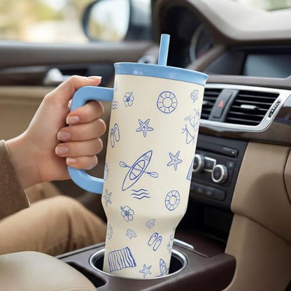 SANDJEST Beach 40oz Tumbler with Handle and Straw, Insulated Stainless Steel Travel Coffee Mug for Women Girls Beach Lovers, Gift Idea for Birthday Christmas Mothers Day Summer Vacation (Blue) - color: Beach Lover