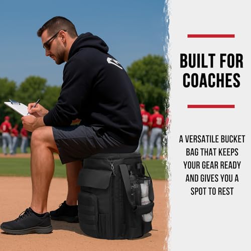 Baseball Bucket Bag, Softball Coaches Bags Fit 6 Gallon Buket, Baseball Coaching Accessories with Multiple Pockets