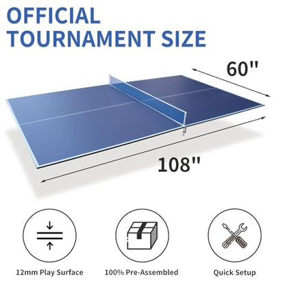 9 FT Medium-Sized Foldable Table Tennis Table for Pool Tables, Indoor/Outdoor Table Tennis Conversion Top, with Net and Quality Foam Padding, Lightweight and Portable - Blue