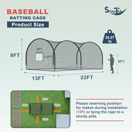 SHANTRA Batting Cage with Frame and Net, 13/22/30FT Baseball Batting Cage for Backyard, Baseball & Softball Hitting Cage Netting for Outdoor Hitting & Pitching Practice, Softball Baseball Cage - style: 22×13×9ft,Enclosed Door & Pitching Machine Hole