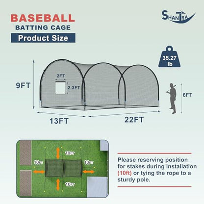 SHANTRA Batting Cage with Frame and Net, 13/22/30FT Baseball Batting Cage for Backyard, Baseball & Softball Hitting Cage Netting for Outdoor Hitting & Pitching Practice, Softball Baseball Cage - style: 22×13×9ft,Enclosed Door & Pitching Machine Hole