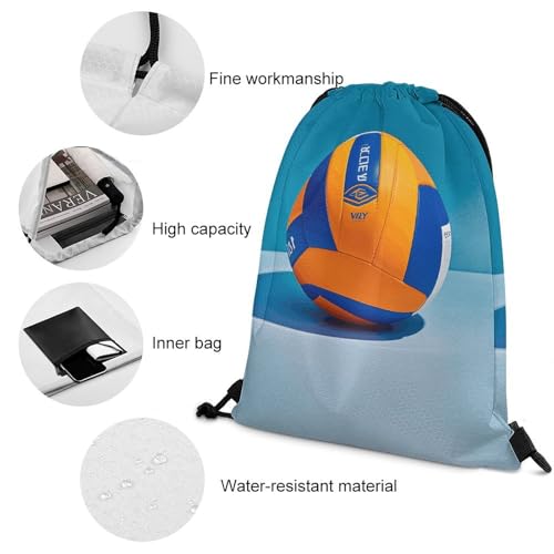 Blue Volleyball Drawstring Backpack Foldable Gym Sackpack for Basketball Soccer Swim Yoga Sport Gear Beach