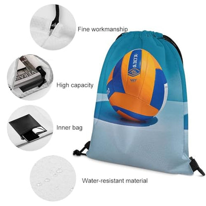 Blue Volleyball Drawstring Backpack Foldable Gym Sackpack for Basketball Soccer Swim Yoga Sport Gear Beach