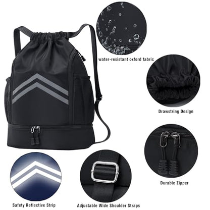 Drawstring Backpack - Water Resistant Gym Drawstring Bags with Shoes Compartment and Water Bottle Holder Pockets - String Cinch Bag - Draw String Back Pack for Men and Women (Light Blue) - color: Light Blue