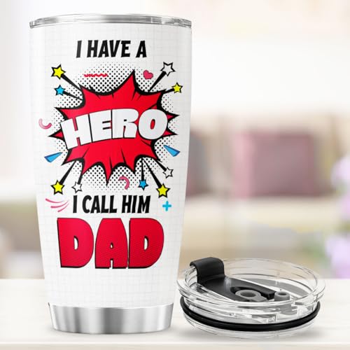 Hero Dad Gift Tumbler for Father's Day, 20oz Stainless Steel Insulated Cup with Superhero Comic Design, Vacuum Double Wall Travel Mug for Dad from Son or Daughter - color: Dad Appreciation A1