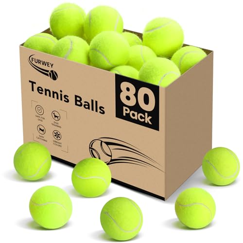 FURWEY Tennis Balls, 12/24/36/80 Pack Bulk Tennis Balls Pressureless Tennis Ball, Come with Mesh Bag for Easy Transport,Pet Dog Playing Balls, Good for Beginner Training Ball - size: 80P