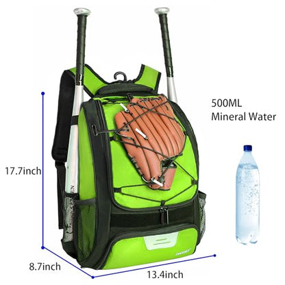 DAFISKY Baseball Bag Softball Backpack - Youth Adult T Ball Bat Equipment Bag with Bat Helmet Holders, Shoe Compartment - color: Green