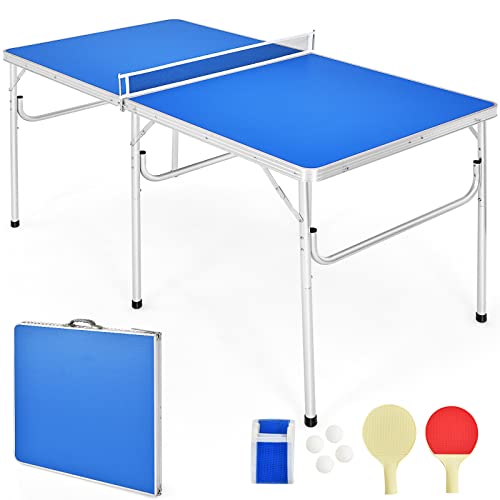 Goplus Foldable Ping Pong Table, 100% Preassembled, Table Tennis Table with Net, 2 Paddles, Ping Pong Balls, Portable Table Tennis Game Set for Indoor Outdoor - style: Blue-60''