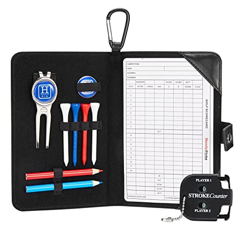 Handy Picks Golf Scorecard Holder n Yardage Book Cover in Genuine Leather - Divot Repair Tool, Ball Marker, Golf Tees, Pencil n Scorecards, Scorer Included, Gift for Golfers