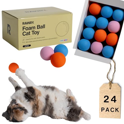 Rawry Foam Ball Cat Toy Set – 24 Pack Mixed Colors | Firm, Lightweight Foam Balls for Indoor Cats & Kittens | Ideal for Swatting & Chasing | Non-Toxic, Quiet Indoor Play | (Pink, Blue, Orange) - color: Orange,Blue and Pink
