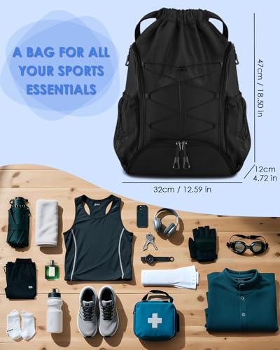 BROTOU Soccer Bags, Football Backpack, Volleyball Bag, Drawstring Soccer Backpack with Ball and Shoe Compartment - color: Black