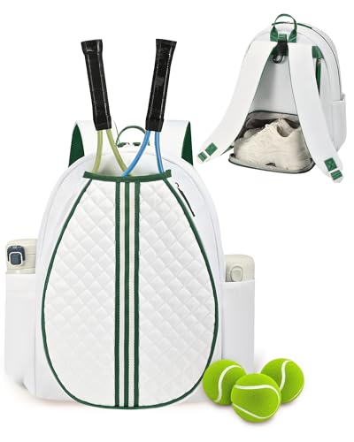 Tennis Bag, Quilted Tennis Sling Crossbody Backpack, Water Resistant Tennis Racket Bags for Women Men, Suitable for Pickleball Tennis Badminton - color: White Green, size: Large