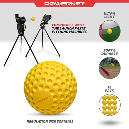 PowerNet Launch F-lite Softball & Baseball Pitching Machine, Dimpled Practice Balls, Bucket of Baseballs, Coaching Bucket Bundle for Pitching Machine, Baseball Training Equipment - style: F-Lite Softballs (12-Pack)