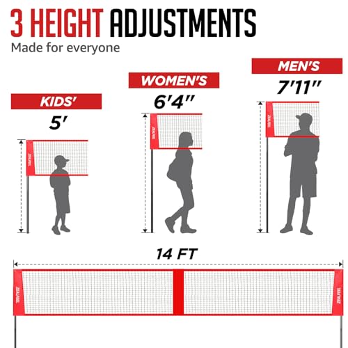 ZEALFEEL 4 Square Volleyball Game Set, 3 Heights Adjustable 4-Way Volleyball Net with Vollyball, Pump, Carry Bag, Hammer, 14 FT 4 Person Net for Backyard Beach Lawn, Great for Family Fun