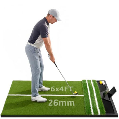 Large Golf Hitting Mat 6x4ft Indoor Outdoor Backyard, Golf Practice Mat with Phone Slot & Ball Tray, Heavy Duty Artificial Turf Driving Range Golf Simulator Mat with Alignment Line - color: 6x4FT;26mm