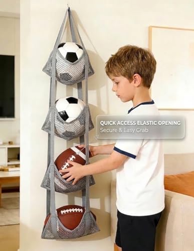 4-Tier Over the Door & Wall Mountable Sports Ball Organizer - Hanging Mesh Rack for Basketball, Helmets, Sneakers & Toys - 12" Extra Wide Pocket Storage for Garage, Nursery & Kids Room, Grey