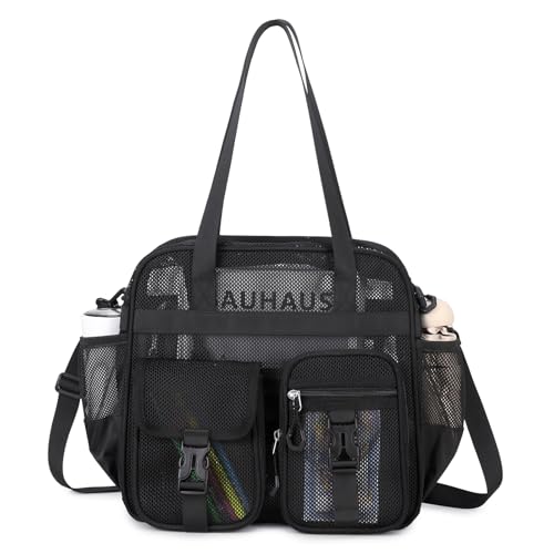MOONBABY Mesh Beach Tote Bag for Stadium Events 12x6x12 Net Purse Bag for Women with Detachable Long Strap for Work, Sports - color: Black