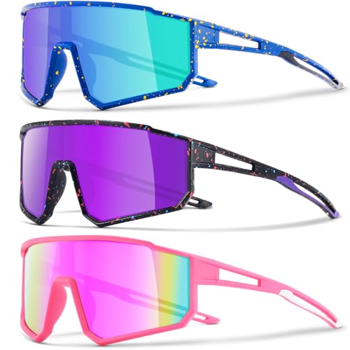 3PACK Kids Sunglasses for 6-14 Boys Girls, Youth Baseball and Cycling UV400 Protection Goggles - color: 3pcs-green Blue+purple Black+pink Pink-k11