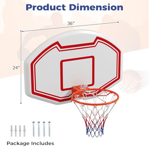 GYMAX Wall Mounted Basketball Hoop, 36" x 24" Shatterproof Backboard and 18 Inch Rim, Mini Basketball Hoop Indoor Outdoor for Home Door Youth Adults