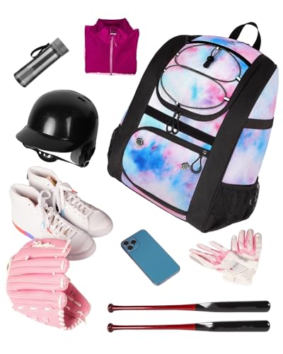 MATEIN Softball Bag, Lightweight Baseball Backpack with Shoe Compartment, Baseball Bag with Fence Hook for TBall Bat & Equipment, Softball Gifts Catchers Backpack for Women Fit Catcher’s Mitt, Helmet - color: Tie-dye - Large
