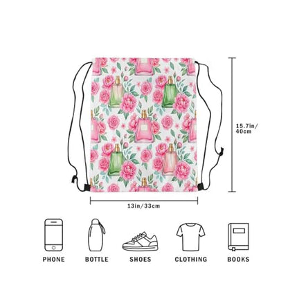 Castle Fairy Pink Flowers Perfume Drawstring Backpack Gym Bag,Beauty Fragrance Cinch Bag,Princess Style Foldable Draw String Back Bags Sports Bags,Pink Green - color: Pink Green