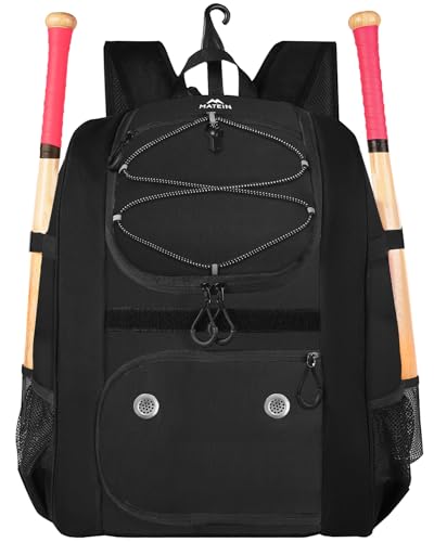 MATEIN Softball Bag, Lightweight Baseball Backpack with Shoe Compartment, Baseball Bag with Fence Hook for TBall Bat & Equipment, Softball Gifts Catchers Backpack for Women Fit Catcher’s Mitt, Helmet - color: Black - Large