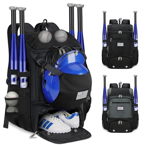 RAINSMORE Baseball Backpack, Lightweight Softball Bag with Shoe Compartment Baseball Bag for Youth & Adult Softball Bat Bag with Fence Hook Helmet Holder Sports Backpack for T-Ball