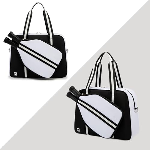 ROYALFAIR Pickleball Tote Bag for Women Men Large Capacity with Paddle Cover Pocket and Adjustable Shoulder strap - color: Black