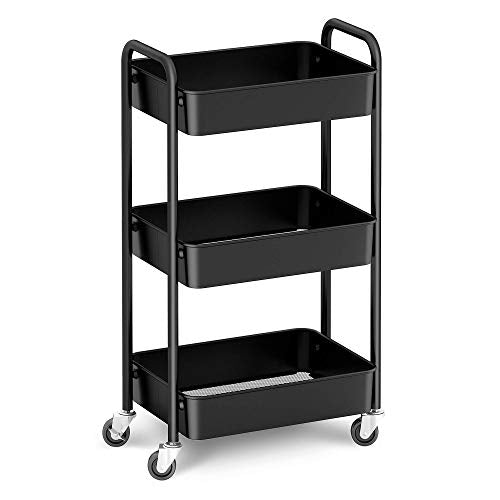 CAXXA 3-Tier Rolling Metal Storage Organizer - Mobile Utility Cart, Kitchen Cart with Caster Wheels (Black) - color: Black
