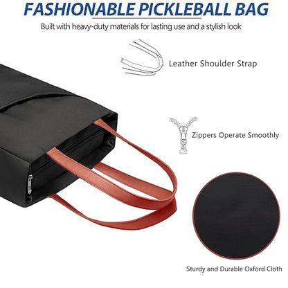 Pickleball Bag for Women Stylish Nylon Tote Fits 2 Paddle, Ball, Gear, Utility Shoulder Handbag for Sports - color: Black