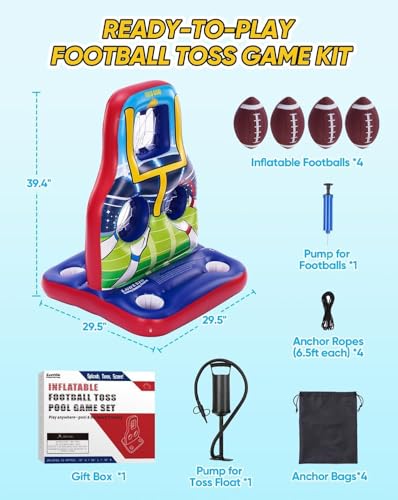 Inflatable Football Toss Pool Games Set, Football Target for Kids Age 8-12, Teens, Adults, Family, with 4 Water Footballs & 2 Pumps, Summer Swimming Pool Toys for Party, Beach, Lawn, Indoor/Outdoor