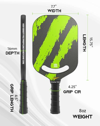 Warping Point Ascent Pickleball Paddles| Carbon Fiber Pickleball Racket with Aero Throat | Textured Grit Surface | Hexa Polymer Core | Designed for Swing Speed and Maneuverability - style: Green-16MM