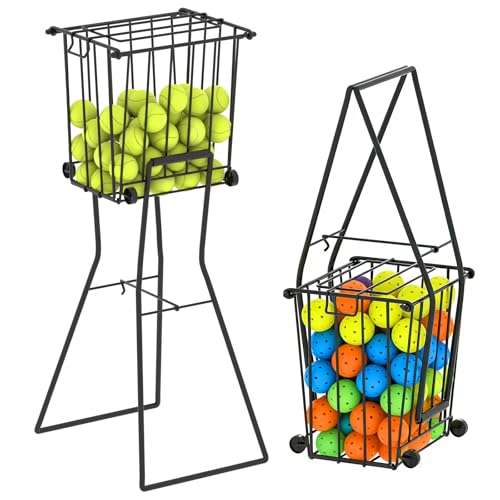Tennis & Pickleball Hopper with Wheels – Ball Pick Up Basket, Pickleball Ball Retriever Ball Holder Storage Holds 75 Tennis Balls & 50 Pickleballs