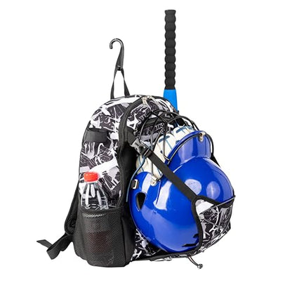 Youth Baseball Bat Bag Backpack, T-Ball & Softball Equipment Gear for Youth with Fence Hook, Lightweight Baseball Bat Backpack, Large Main Compartment for Helmet - color: Black