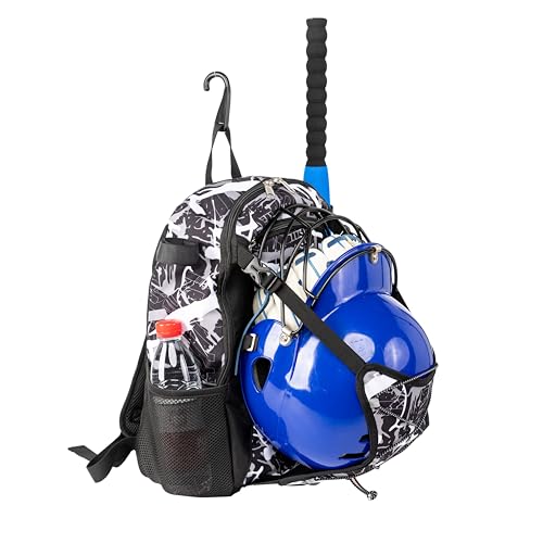 Youth Baseball Bat Bag Backpack, T-Ball & Softball Equipment Gear for Youth with Fence Hook, Lightweight Baseball Bat Backpack, Large Main Compartment for Helmet - color: Black