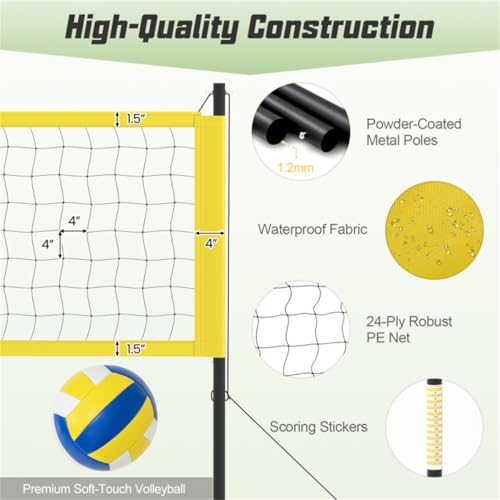 CZBZ Heavy-Duty Volleyball Net with 3-Level Adjustable Poles, Anti-Sag Winch & All-Inclusive Accessories for Backyard, Beach, Park - Yellow